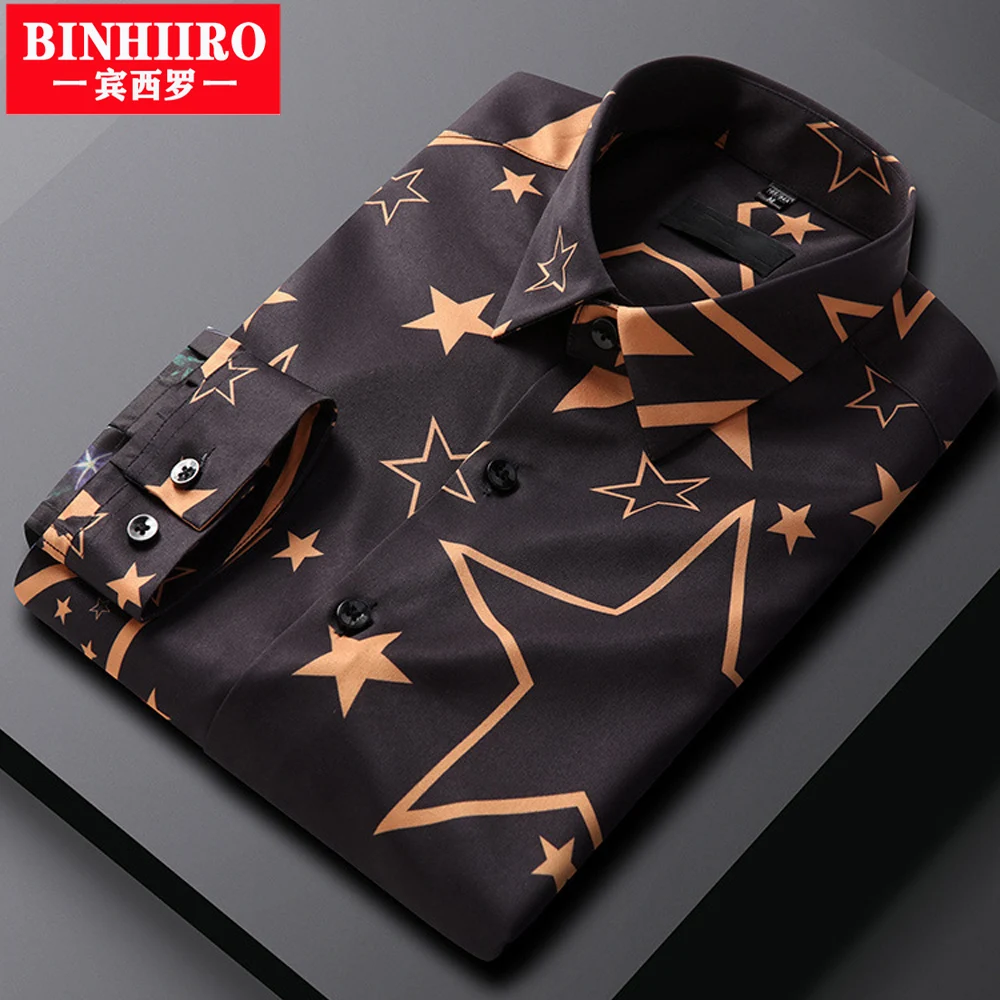 

Мужская Новая рубашка BINHIIRO с длинным рукавом, новинка весны, трендовая уличная одежда, дизайнерская высококачественная повседневная мужская рубашка с принтом