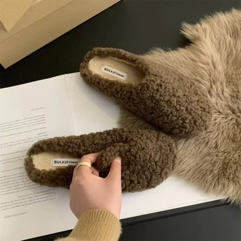 Winter Warm Plush Mules Women One Band Fur Slippers Cozy Cotton Shoes Woman Flats Cover Toe Fleeces Slides Wool Pantuflas