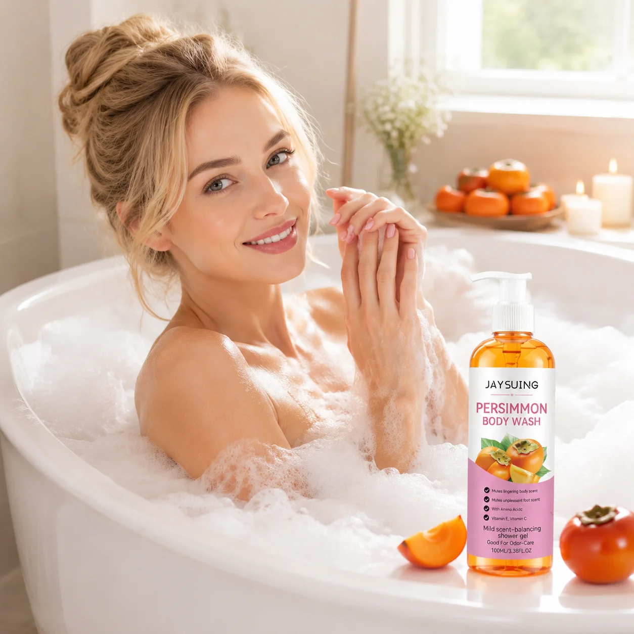 Jaysuing Persimmon Body Wash Deep Cleaning Body Odor Removal Old People Smell Remover Vitamin C & E Deodorant Body Wash 100ml