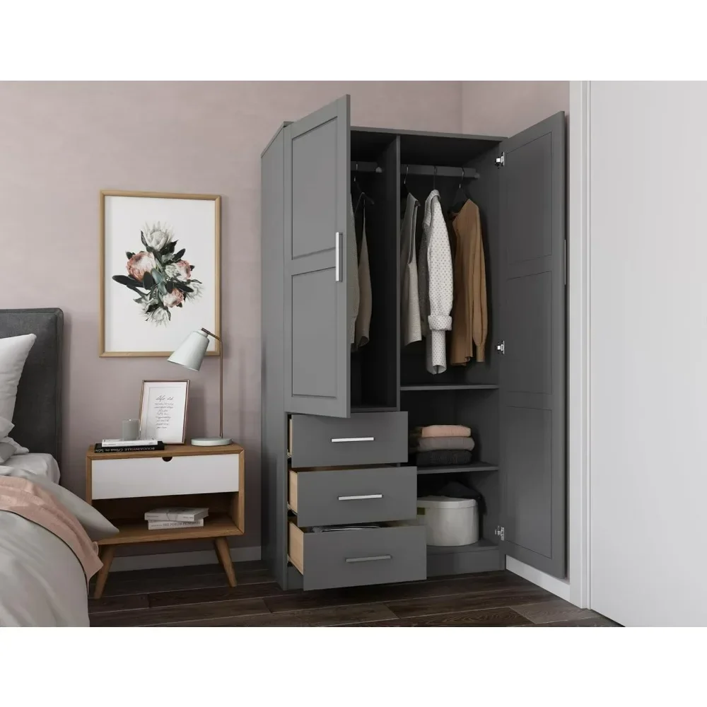 100% solid wood 2-door wardrobe with 2 clothing poles and 2 small shelves, gray, renewable and environmentally friendly wood