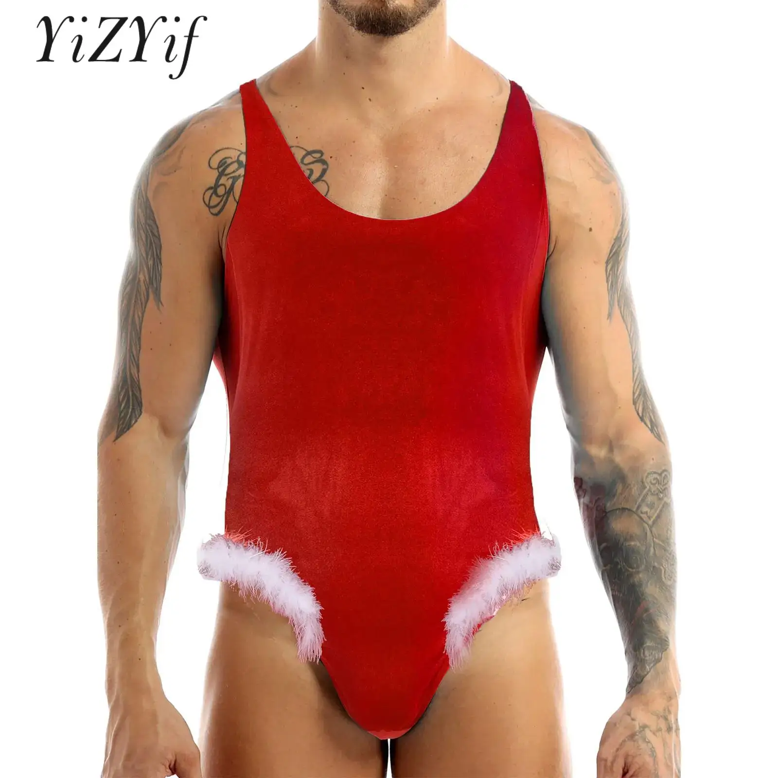 Mannen Hoog Uitgesneden Veren Trimmen Bodysuit Sissy Lingerie Nachtkleding Santa Claus Kostuum Voor Kerst Vakantie Festivals Nachtclub