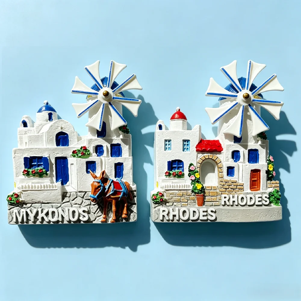 Windmill Greece 3D Resin Fridge Magnets Travel Souvenir Gift, Hand Painted Handicraft Home Decor Ornament Collection