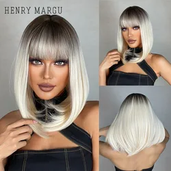 HENRY MARGU Medium Length Straight Blonde Bob Wig for Women Ombre Synthetic Wigs with Bangs Daily Party Hair Heat Resistant Wig