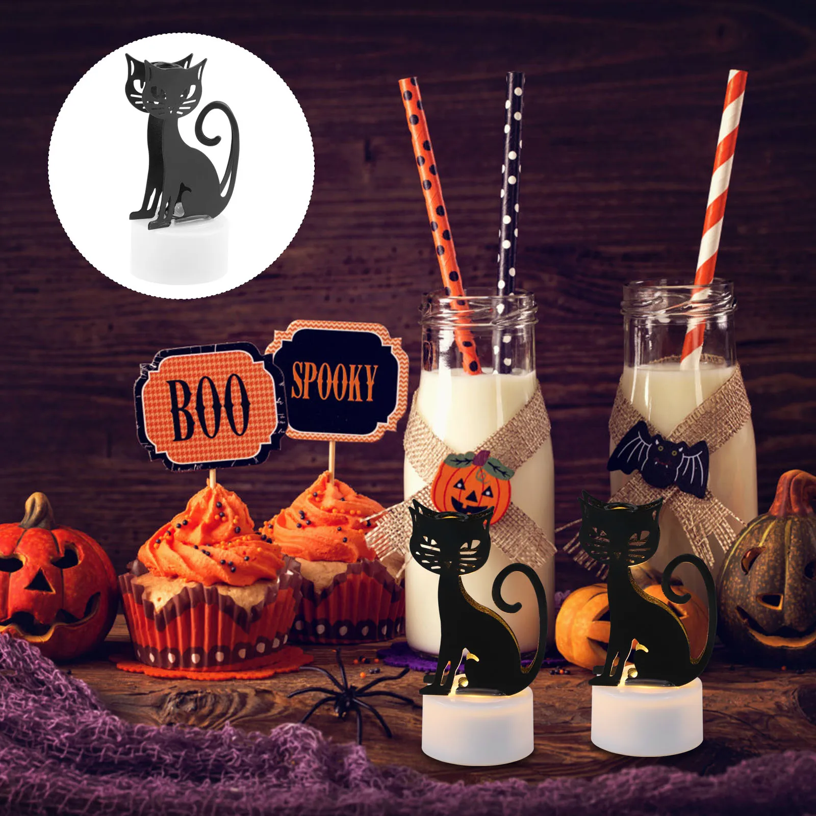 

2 Pcs LED Light Candles Cat Themed Flameless Flickering Halloween Flashing Decorations for Tables