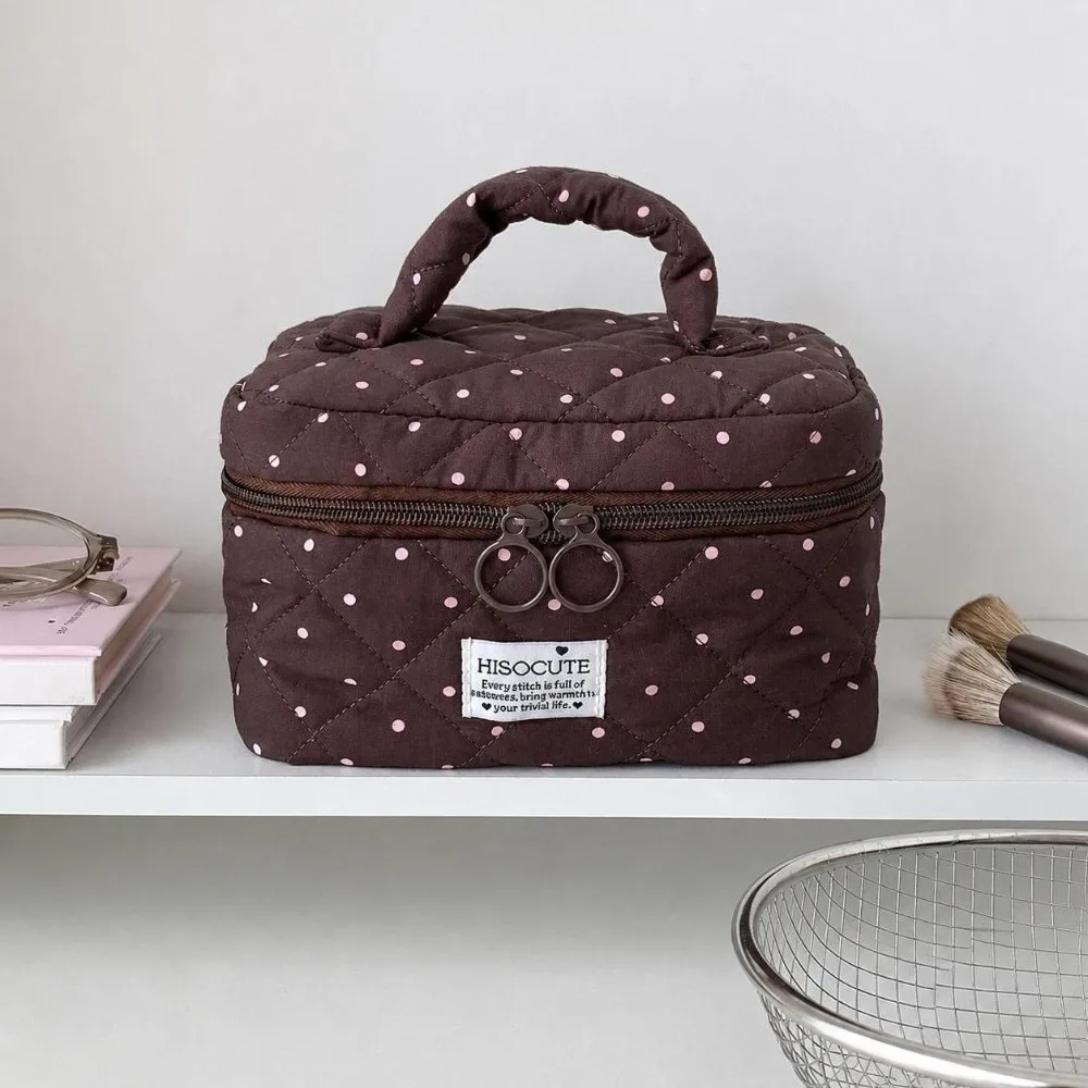 New Polka Dot Pattern Quilted Makeup Bag Large Capacity With Handle Travel Toiletry Organizer Multipurpose Cosmetic Bag Women