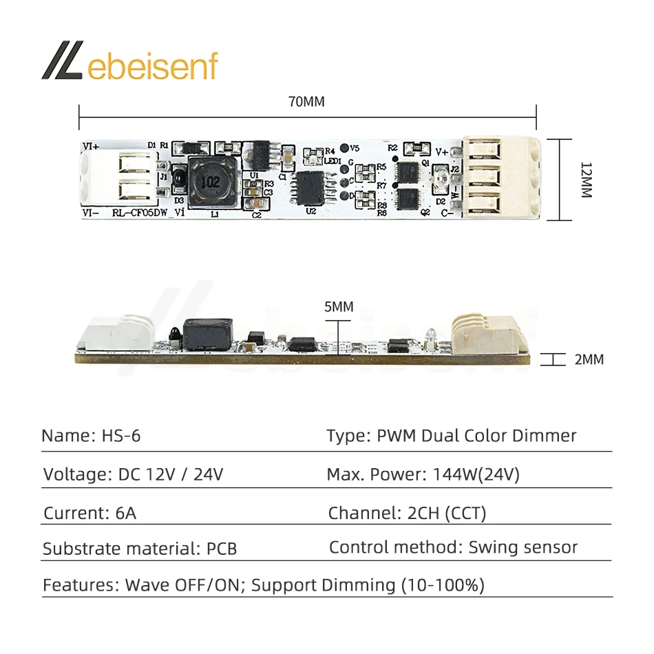 DC 12V 24V 6A LED Double Color Light Sensor Dimmer Switch Controller Constant Voltage PWM Bar Lamp Dimming Control Panel Module