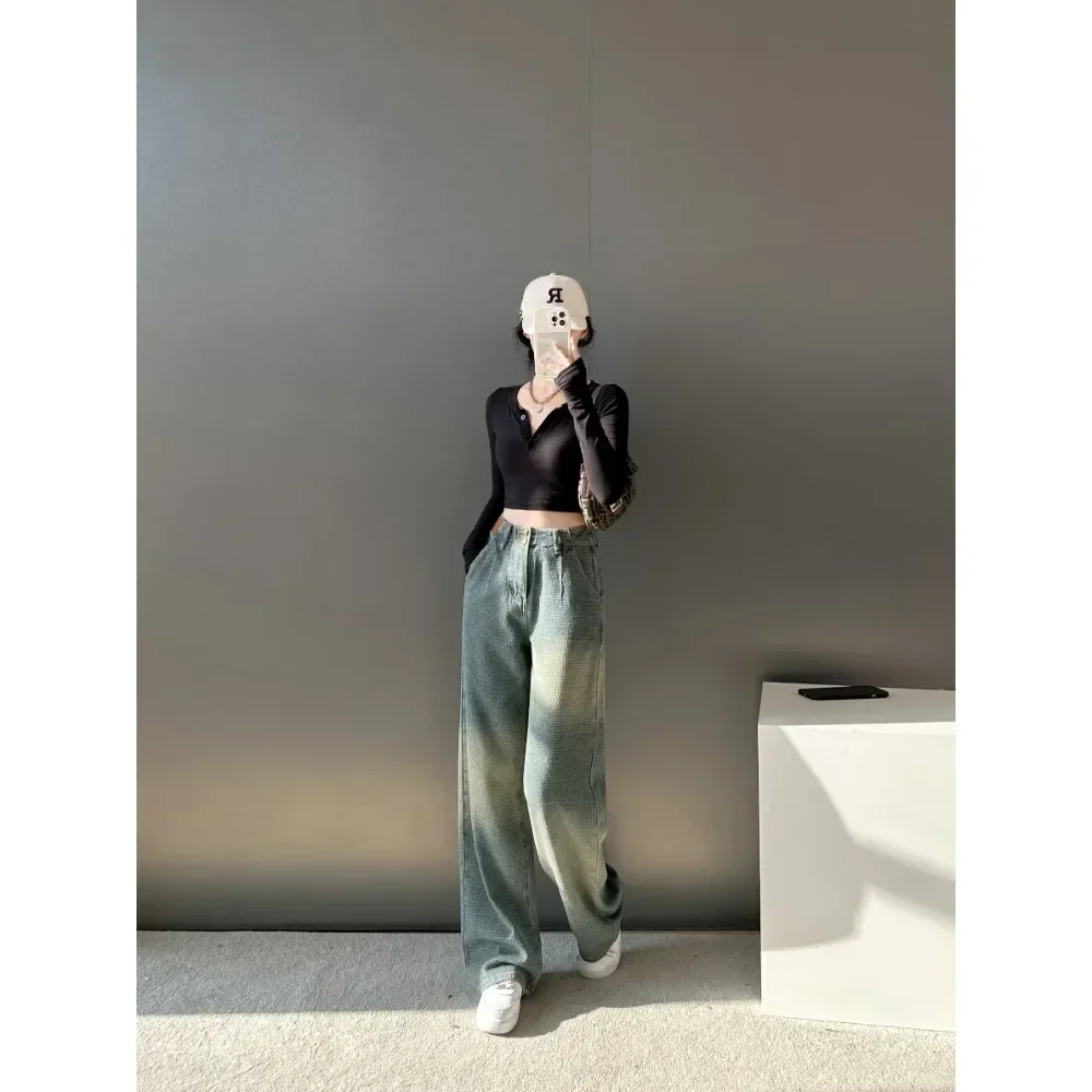 

Grid Pattern Gradient Color Washed Denim High Waist Slim Straight Wide Leg Brushed Wide Pants Woman Denim Women Jeans Y2K