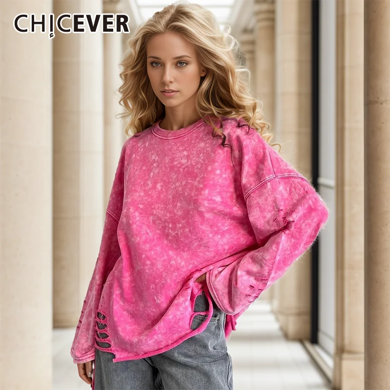 CHICEVER Retro Streatwear Pollover Sweatshirt For Women Round Neck Long Sleee Loose Hollow Out Autumn Tie Dye Hoodles Female New