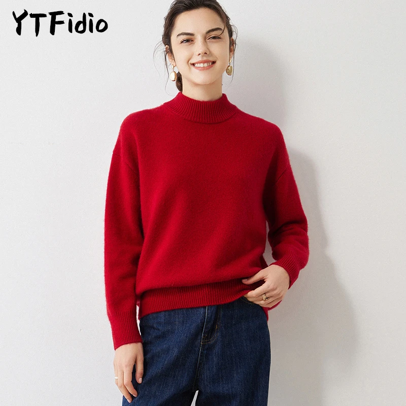 YTFidio 100% Cashmere Women Winter Half high collar Soft Warm Solid Knitwear Turtleneck Pullover Female Tops 13