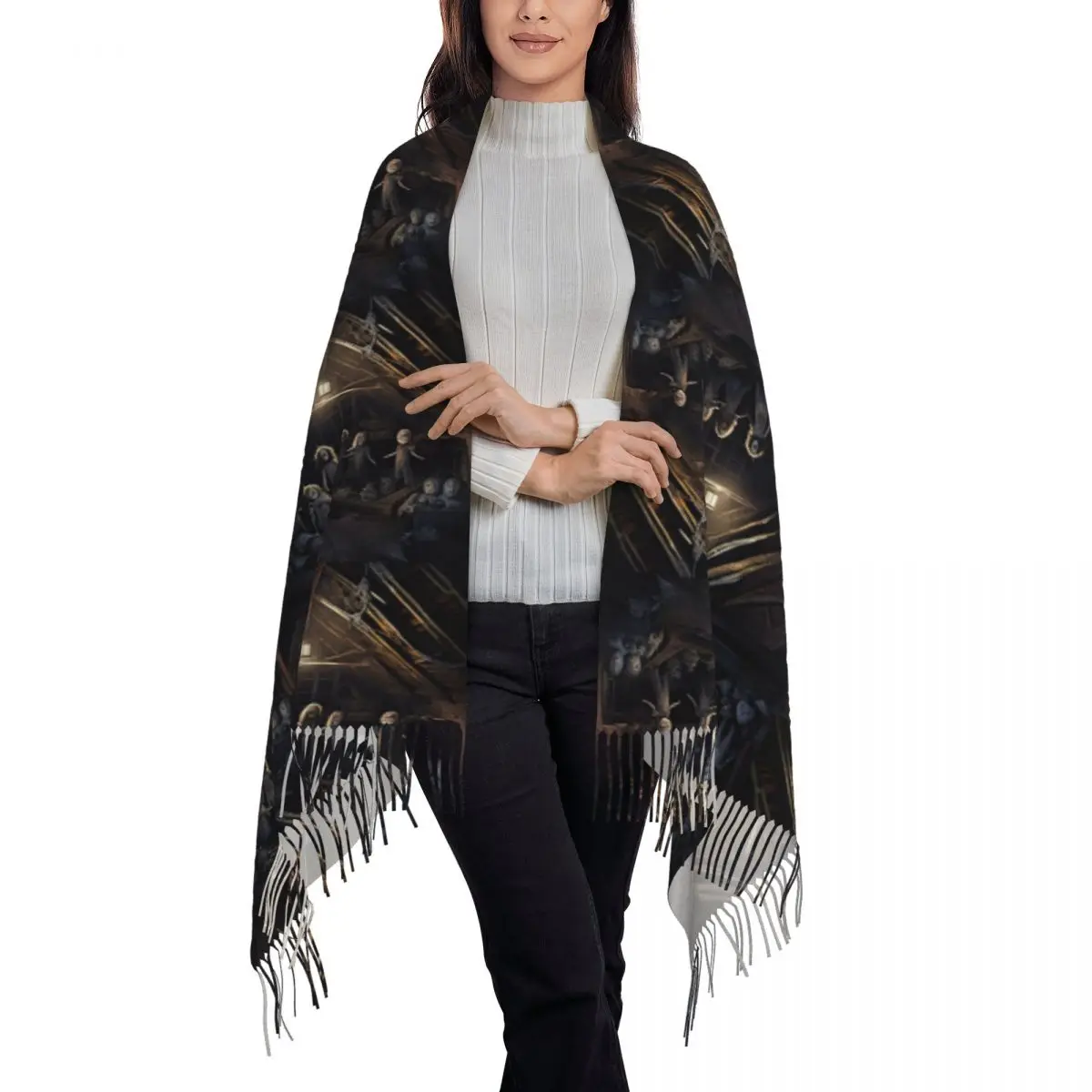 Haunted Attic With Possessed Creepy Dolls Scarf Tassel Scarves Women Soft Warm Shawls and Wraps Long Fall Winter Shawl Wrap