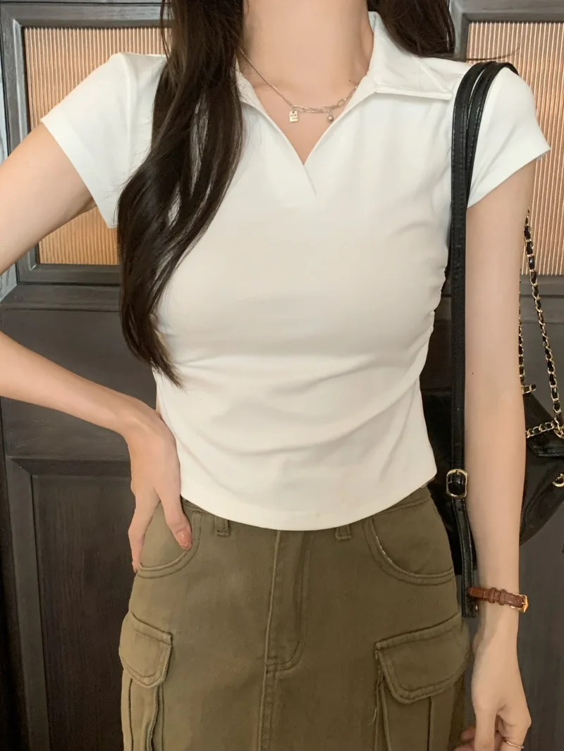 Y2k goth kawaii k-moda polo camiseta feminina magro manga curta sexy colheita topo plissado com decote em v 90s camiseta roupas femininas