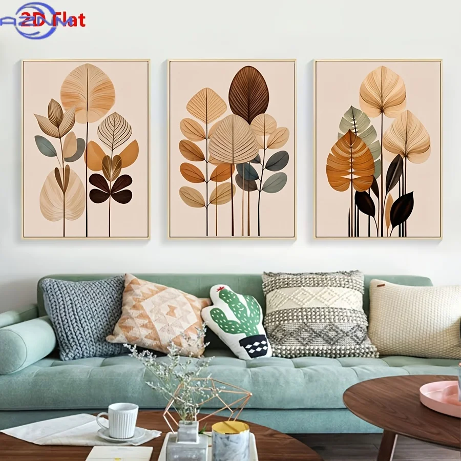 2D Flat 3pcs Bohemian Abstract Leaf Art Plant Poster Pattern Wall Decoration Hanging Painting Suitable Adults Unframed Very fo