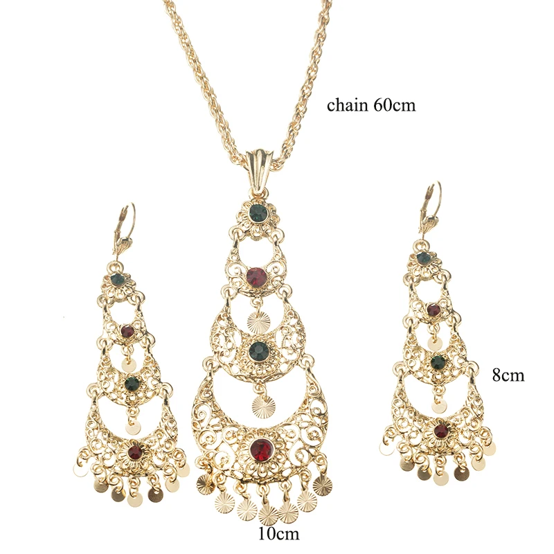 

Arabic Moon Shape Necklace Earring Set with Heart Tassels Pendant Necklaces Slid Chain Muslim Wedding Jewelry Moroccan Bijoux