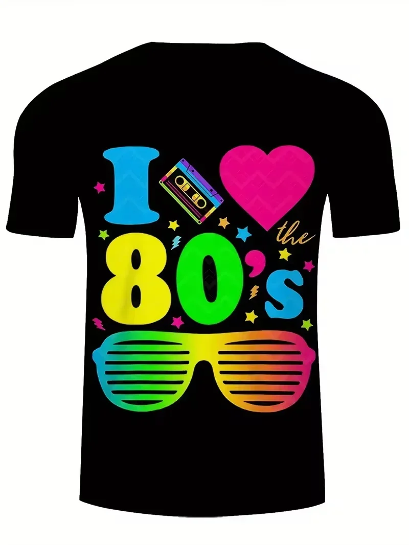 3D-Digitaldruck-T-Shirt mit Retro-80er-Jahre-Grafik für Herren, lebhaftes Neon-Karnevals-Design, atmungsaktives Rundhals-Kurzarm-Oberteil