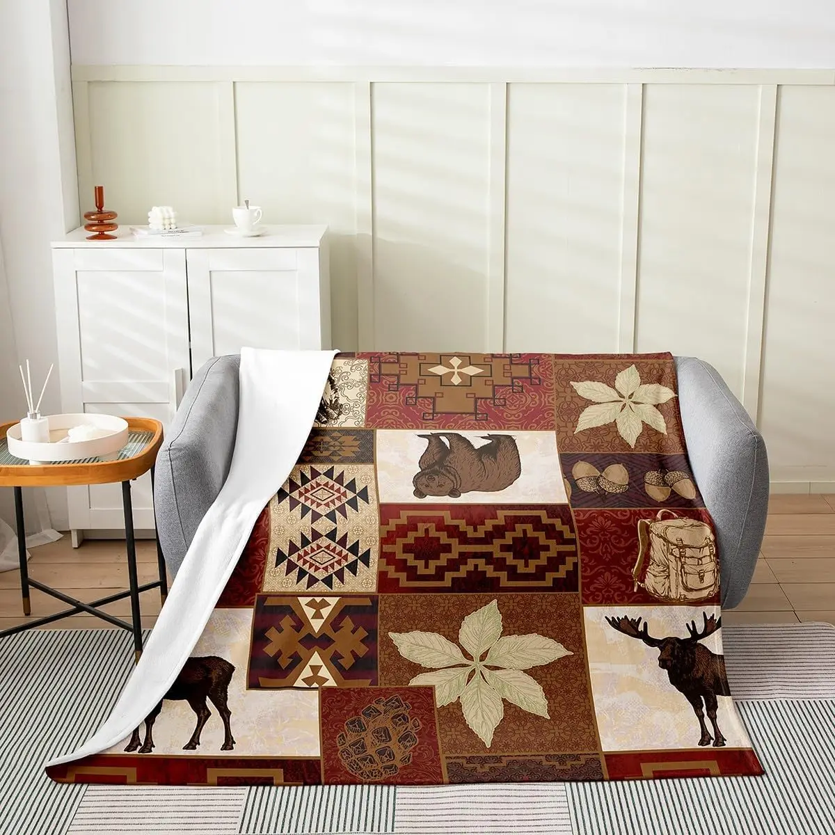 

Buffalo Plaid Cabin Decor Blanket, Wild Animal Fleece, Fall Leaves Pine Cones Flannel, Wildlife Hunting Theme Sherpa, Patchwork