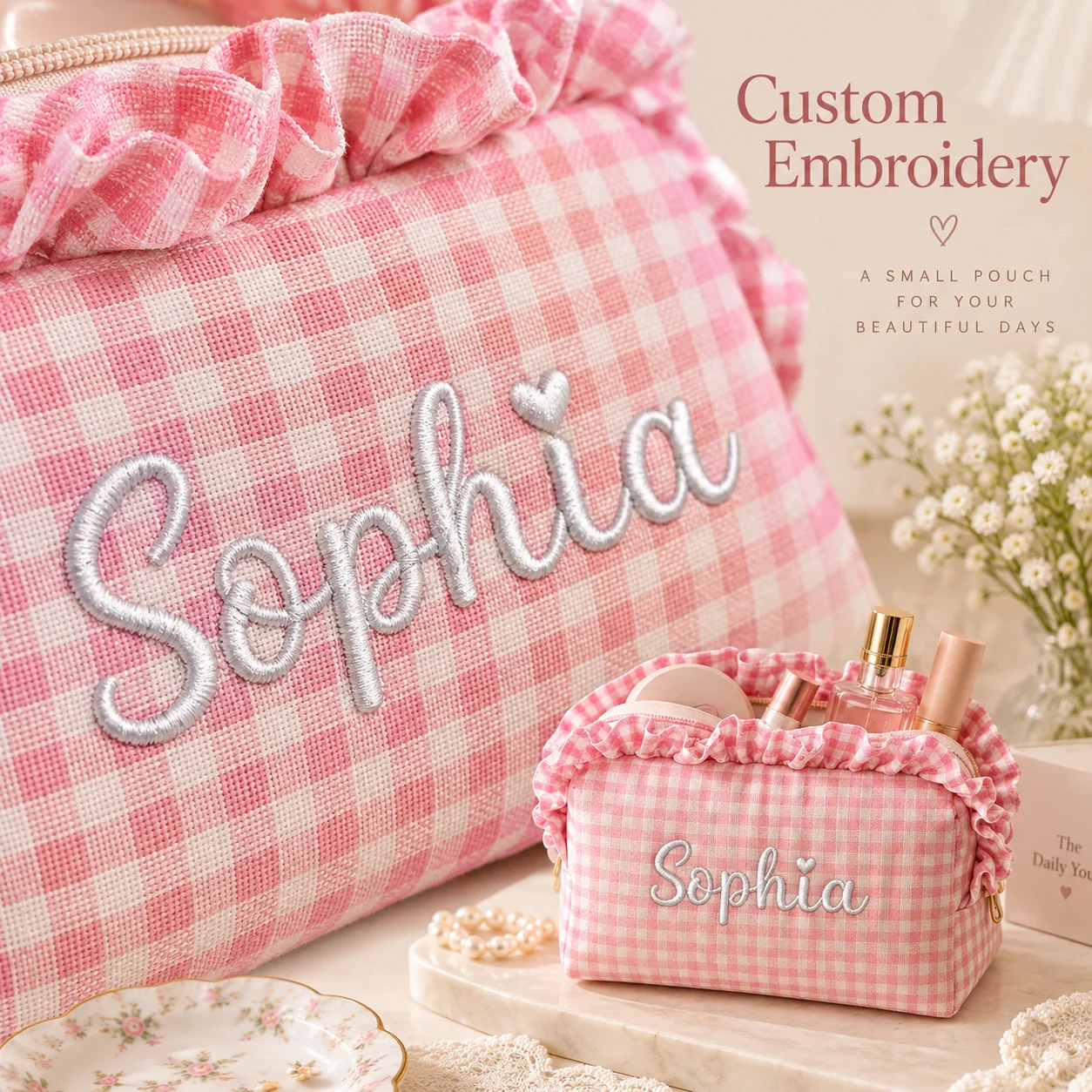 Custom Name Makeup Bag with Delicate Ruffle Trim,Cute Soft Korean Cosmetic Pouch,Portable Storage Bag for Lovely Bridesmaid Gift