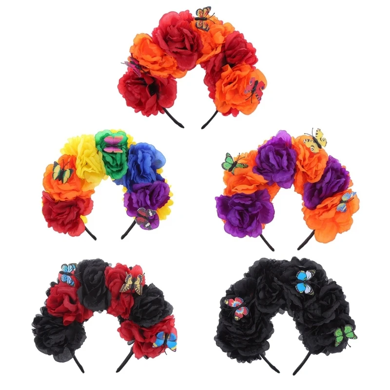 

Day of the Dead Headband Halloween with Butterflies Decorations Costume Cosplay Hair Accessory Mexicans Headpiece