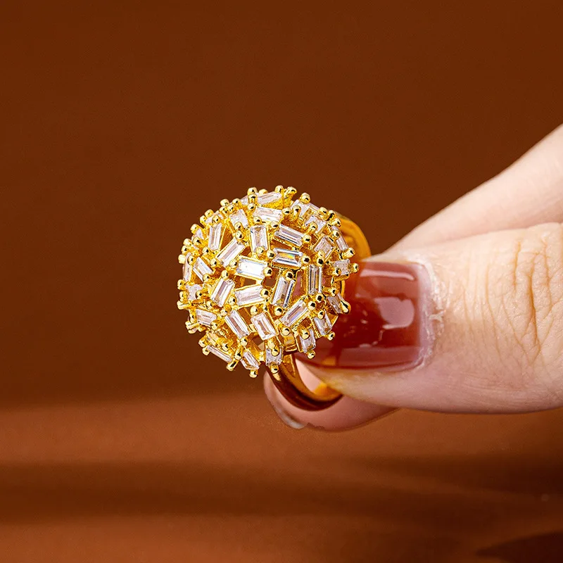 24K Gold Zircon-Inlaid Snowflake Hydrangea Index Ring Women AU999- 24K gold crafted, AU999 certified, exquisite luxury for women