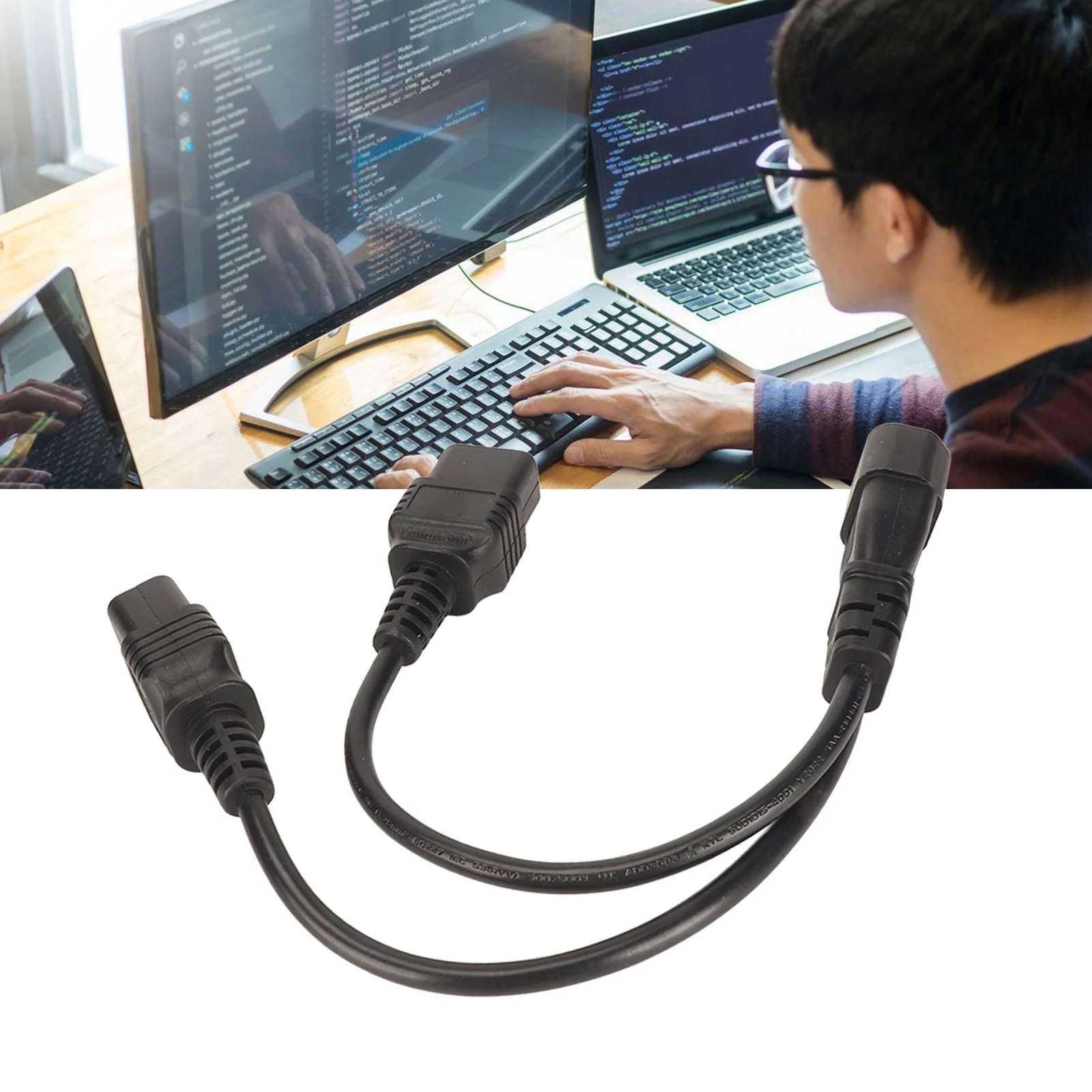 Cable de alimentación IEC320 C14 a doble C19 de 12.6 pulgadas, cable divisor de alimentación con carcasa de PVC, Plug and Play, 1 entrada y 2 salidas para monitor LCD o lámpara de escritorio