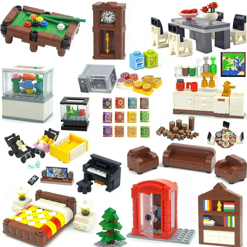 MOC City Friend Furniture Creative Toys Brick Desk Book Wardrobe Bed TV Sofa Bathroom Building Blocks House Scenes Accessories