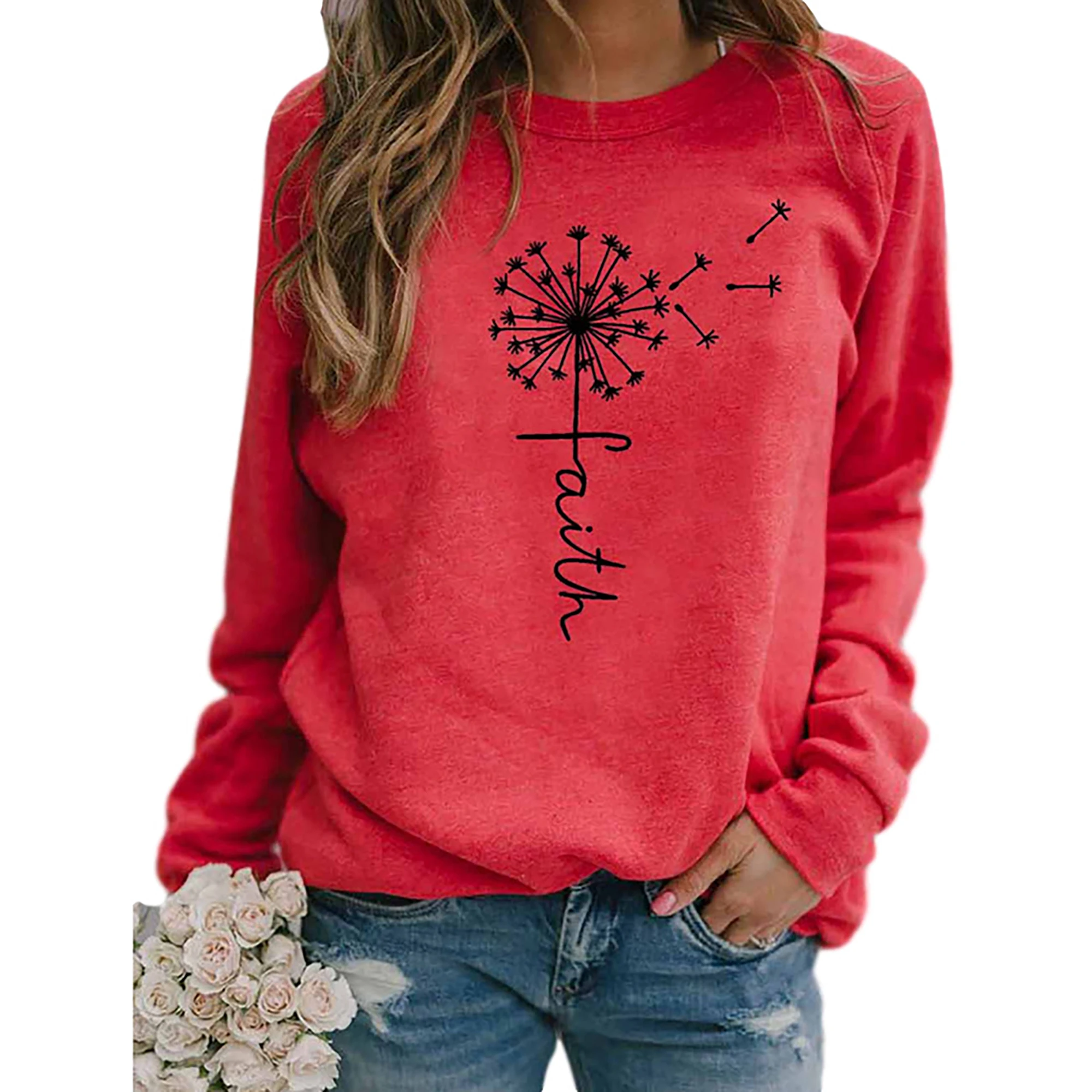 2024 Autumn/Winter women's hoodie faith letter printed round neck long sleeve T-shirt