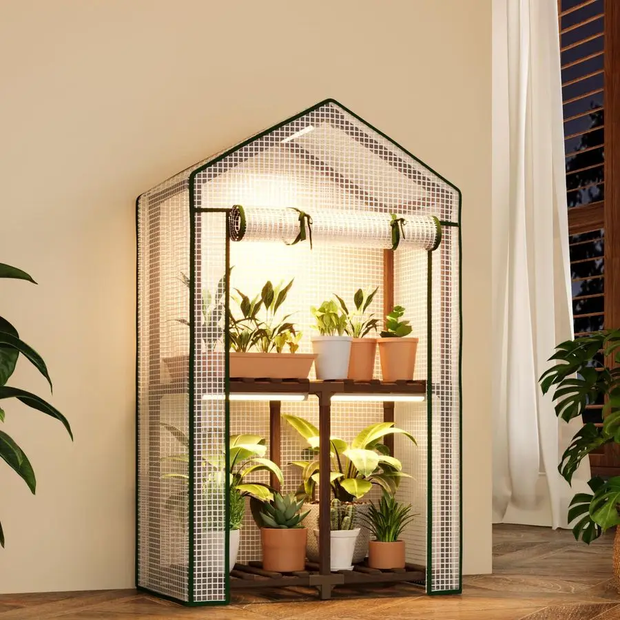 

Мини-теплица с фитолампой и подставкой для нескольких горшков, двухуровневая, многоразовая, портативная, для улицы, с покрытием из ПЭ, компактная