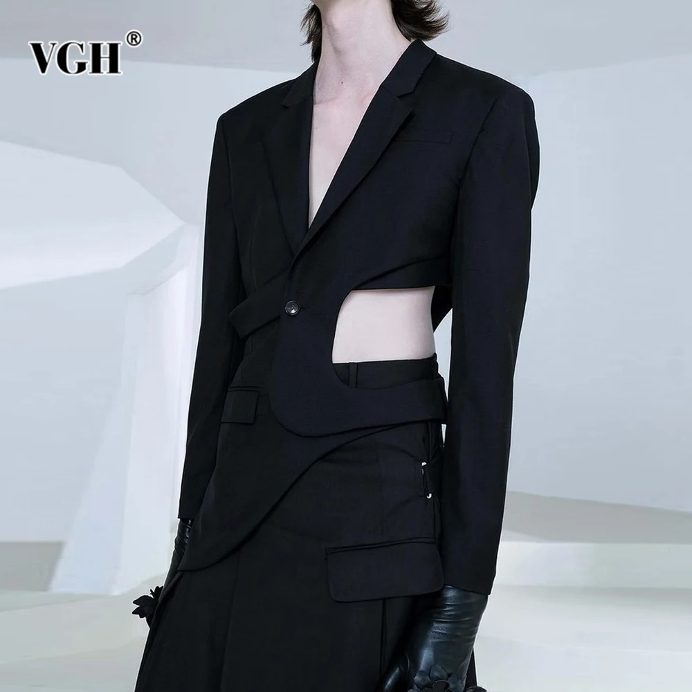 

VGH Solid Patchwork Button Irregular Hem Blazer For Women Notched Collar Long Sleeve Tunic Minimalist Hollow Out Blazers Female