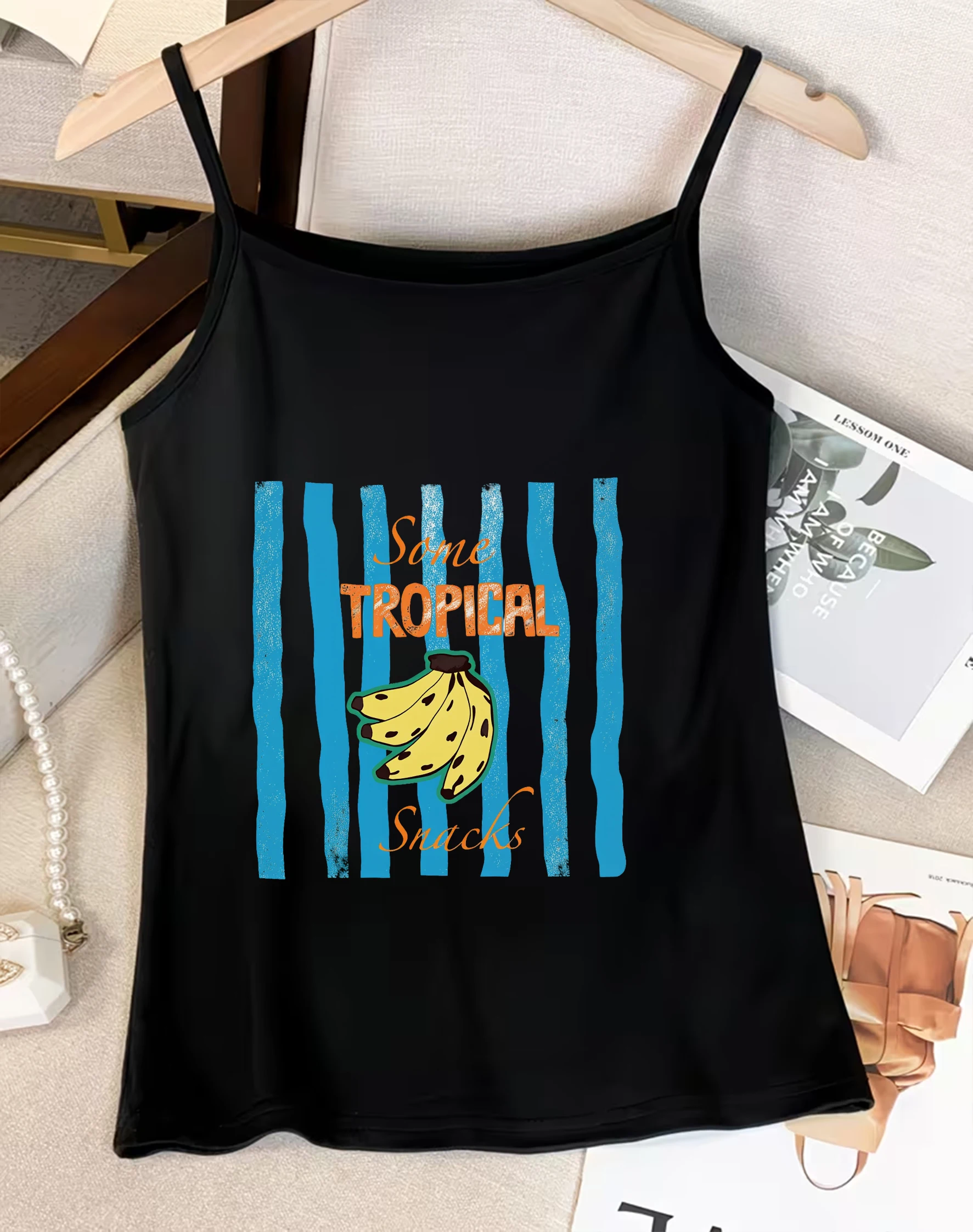 Vintage Blue Stripe Tropical Banana Letter Print Square Neck Cami Top Slim Sleeveless Casual Holiday Layering Tank Sling