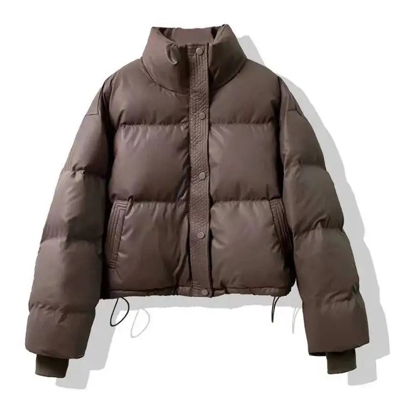 

Pu Leather Winter Puffer Jacket Woman Streetwear Stand Collar Warm Down Cotton Parkas Women Zipper Up Long Sleeve Windproof Coat