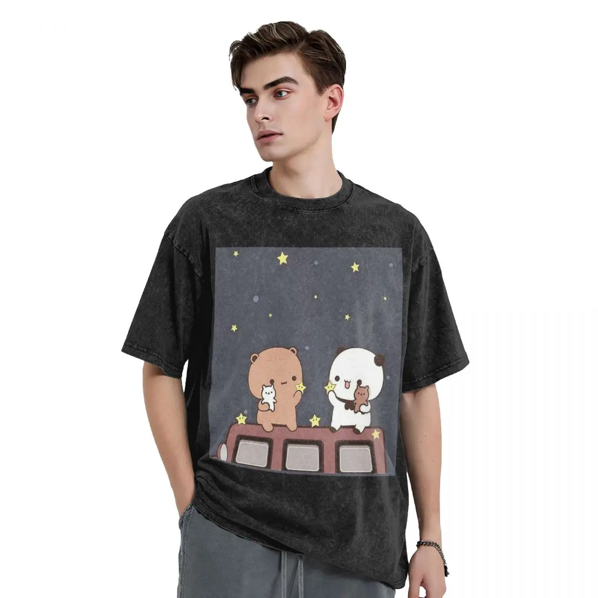 Bubu And Dudu Watching The Moon Togethe Washed T Shirts Harajuku Short Sleeve Hip Hop T-Shirt Streetwear Tops Tees for Men Women