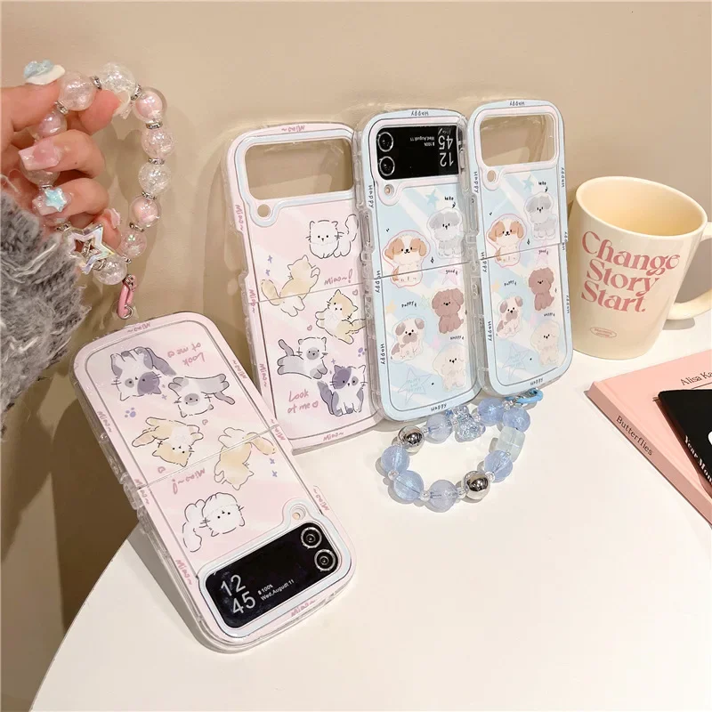 

Cute Puppy Beads Chain Phone Case for Samsung Galaxy Z Flip 6 5 4 3 Protective Back Cover for ZFlip4 ZFlip5 ZFlip6 Case Shell