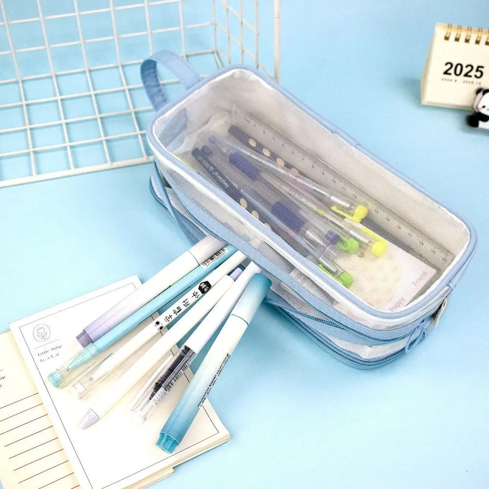 

NEW Large Capacity Pencil Case Zipper Closure 2 Compartment Stationery Bag Mesh Handheld Design Pen Bags Student