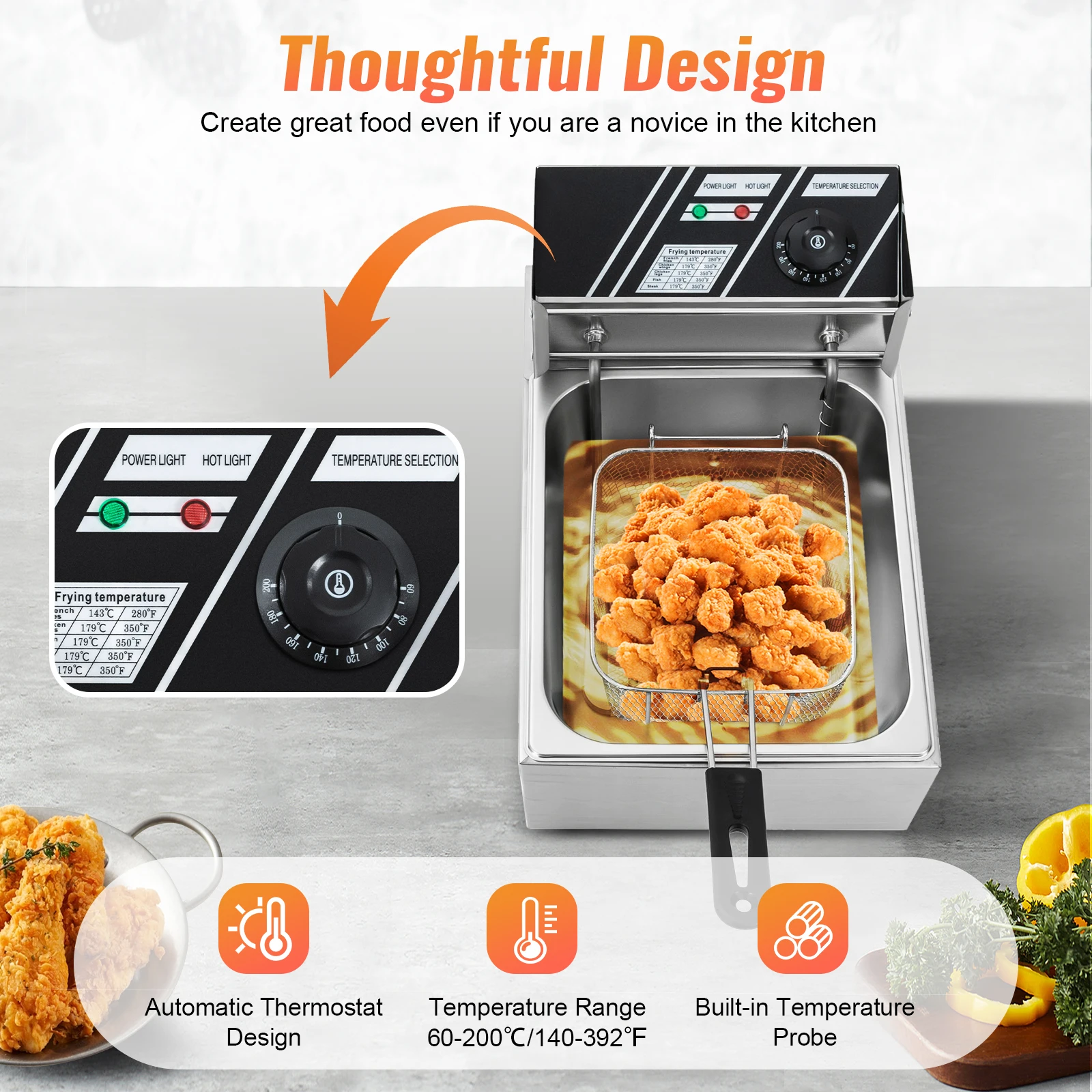 6L Edelstahl-Elektro-Fritteuse 2500W Variable Temperatur 140 392 ℉   Sicherheitsdesign gegen Überhitzung, kommerzielle Fritteuse für den Einsatz in Gastronomiebetrieben