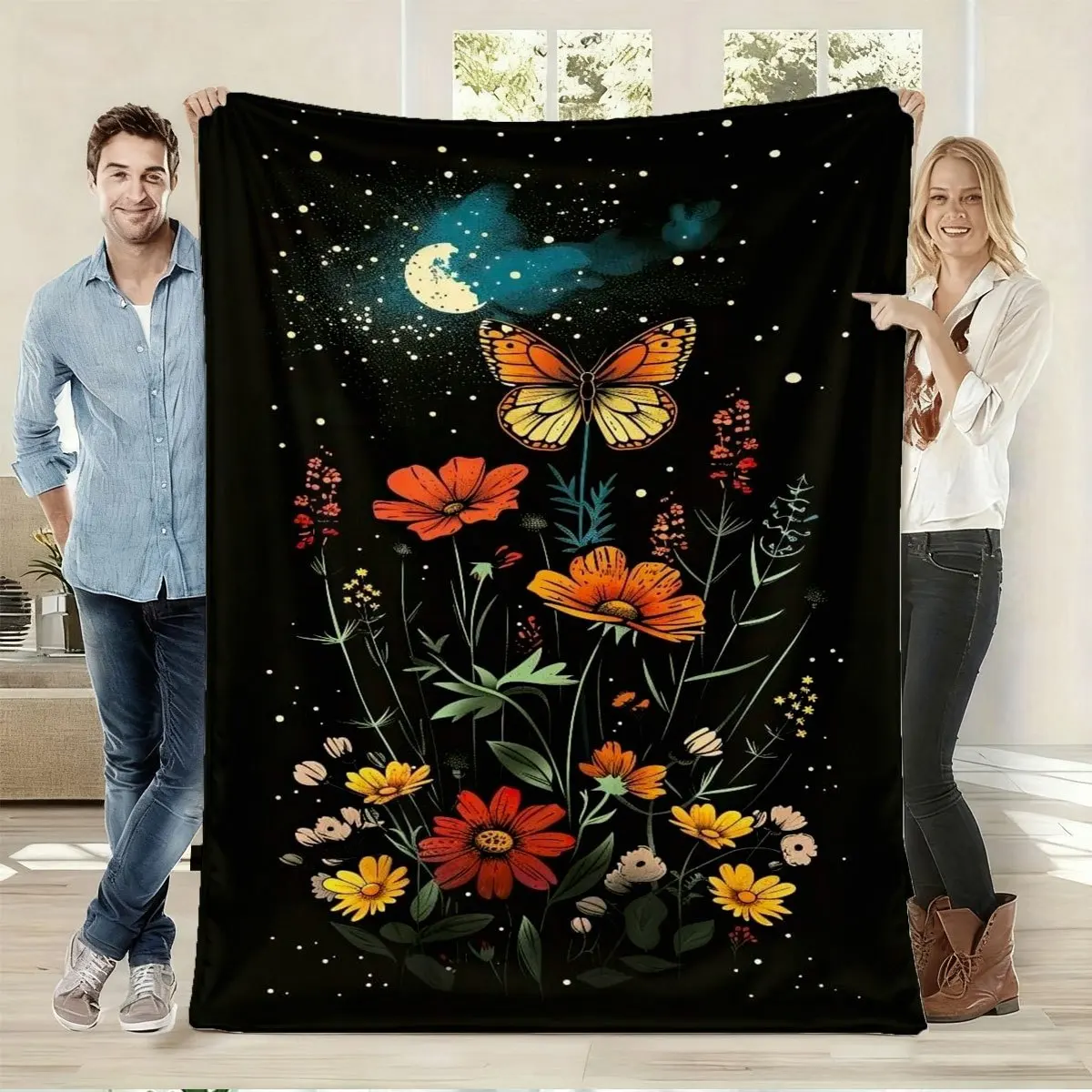 Butterfly flower and star moon patterns Flannel printed blanket suitable for all seasons for living room office sofa and travel