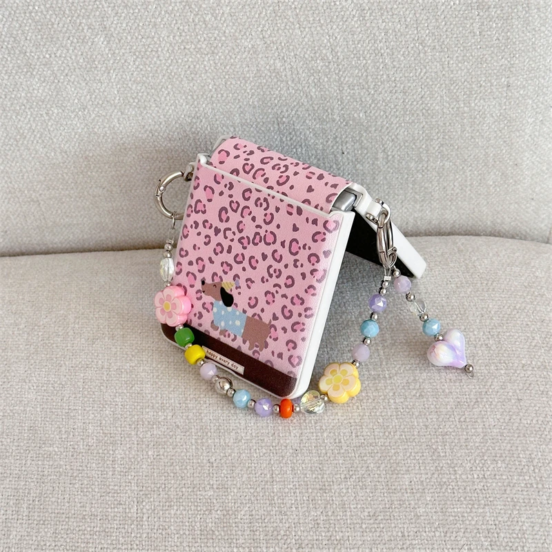 Funda de teléfono con estampado de leopardo rosa para Samsung Z Flip 7 6 5 4, funda con cadena, fundas bonitas para Galaxy Z Flip6 Flip7 Capa