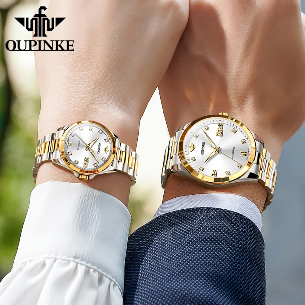 Oupinke 3199 verdadeiro diamante masculino feminino casal relógio de luxo marca movimento suíço relógio mecânico automático elegante casal conjunto relógio