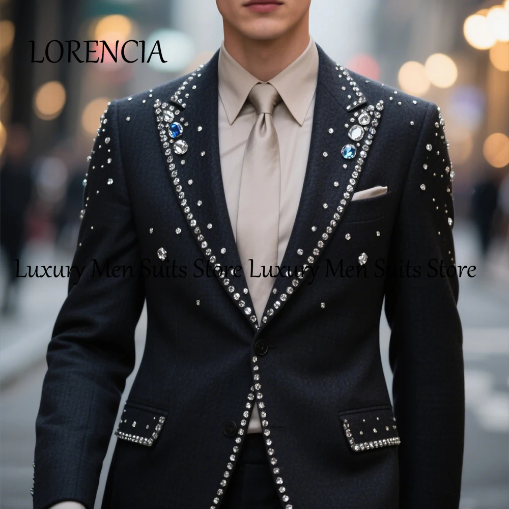 

Glitter Jewelry Men Suits 2 Pieces Diamond Tuxedos for Wedding Groom Outfits Customized Blazer Pants traje juvenil masculino