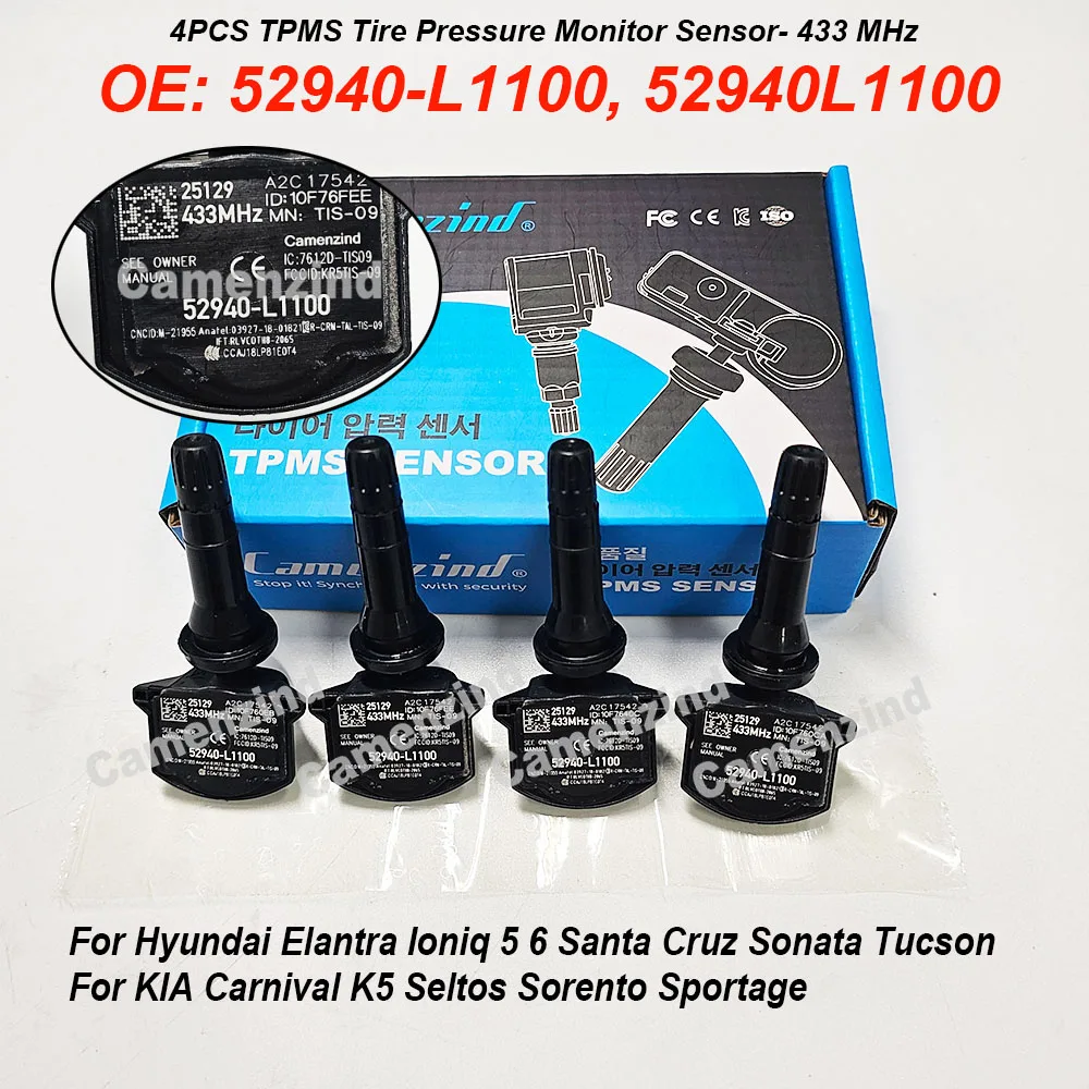 Sensor de presión de neumáticos, 4 uds., 433MHz, TPMS 52940-L1100 52940L1100 para Hyundai Elantra Ioniq 5 Santa Cruz Sonata Tucson