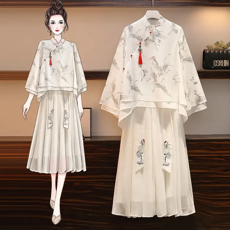 Plus Size Traditional Chinese Hanfu Crane Two-piece suit chiffon Elegant Blouse Embroidery National Women's Clothes Oversized