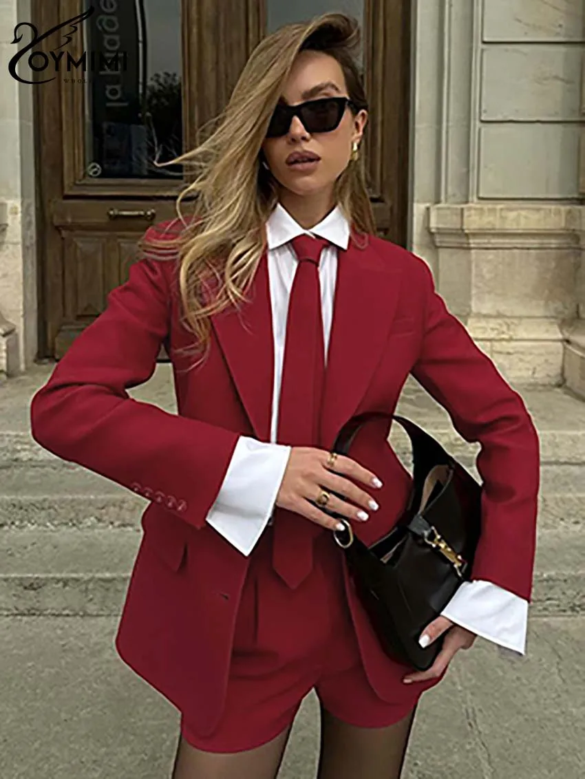 Oymimi elegante vermelho feminino duas peças conjunto moda manga longa bolsos gravata botão blazers e cintura alta simples shorts conjuntos