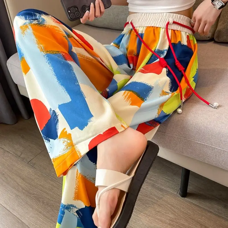 Fashion Elastic Lace Up Color Printed Geometric Chiffon Pants Female Clothing 2024 Summer New Loose High Waist Casual Trousers