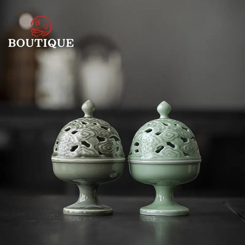 

Chinese Celadon Relief Auspicious Clouds Ceramic Incense Burner Aromatherapy Furnace Holder Sandalwood Plate Tea Accessories