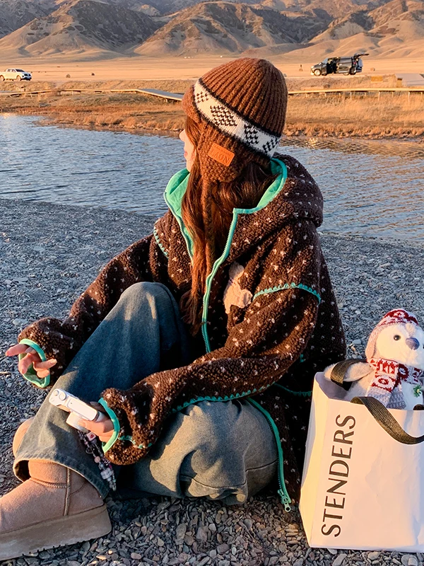 Damska kurtka z futra jagnięcego z nadrukiem niedźwiedzia, kolorowa, jesienno-zimowa, ocieplana, z podszewką z jagnięcej aksamitu, puszysta, do pracy, elegancka...