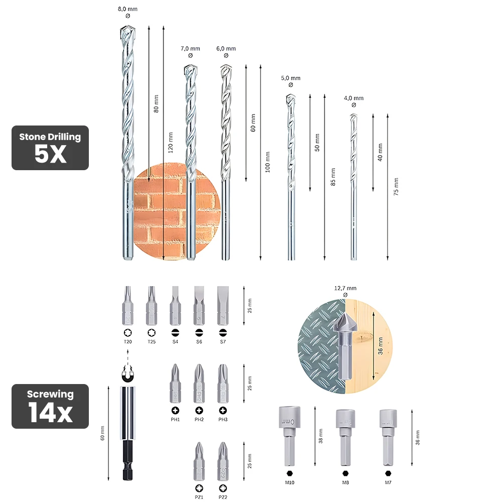 Imagem -04 - Bosch-kit Misto de Chave de Fenda de Aço de Alta Velocidade Brocas Chave de Fenda Conjunto de Mistura Madeira Metal Pedra 28 mm 33 Peças