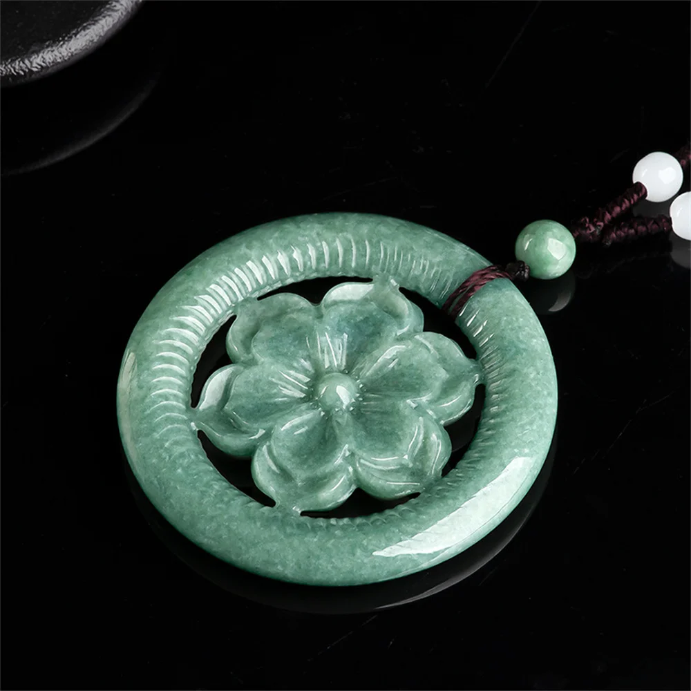 الجاديت الأخضر الطبيعي منحوتة الجوف تتفتح زهرة قلادة تميمة قلادة شهادة الفاخرة اليشم خمر هدية مجوهرات