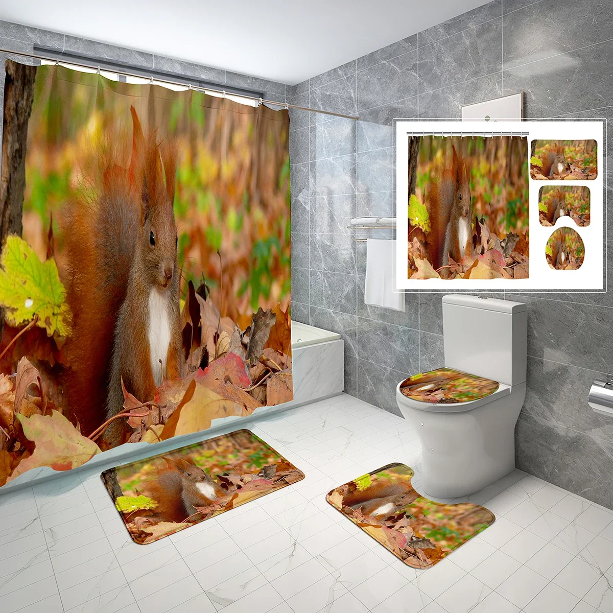 4 Pcs Squirrel Shower Curtain Set Cute Autumn Animals Shower Curtain Bathroom Non-Slip Bath Mat Toilet Cover Shower Curtain Set