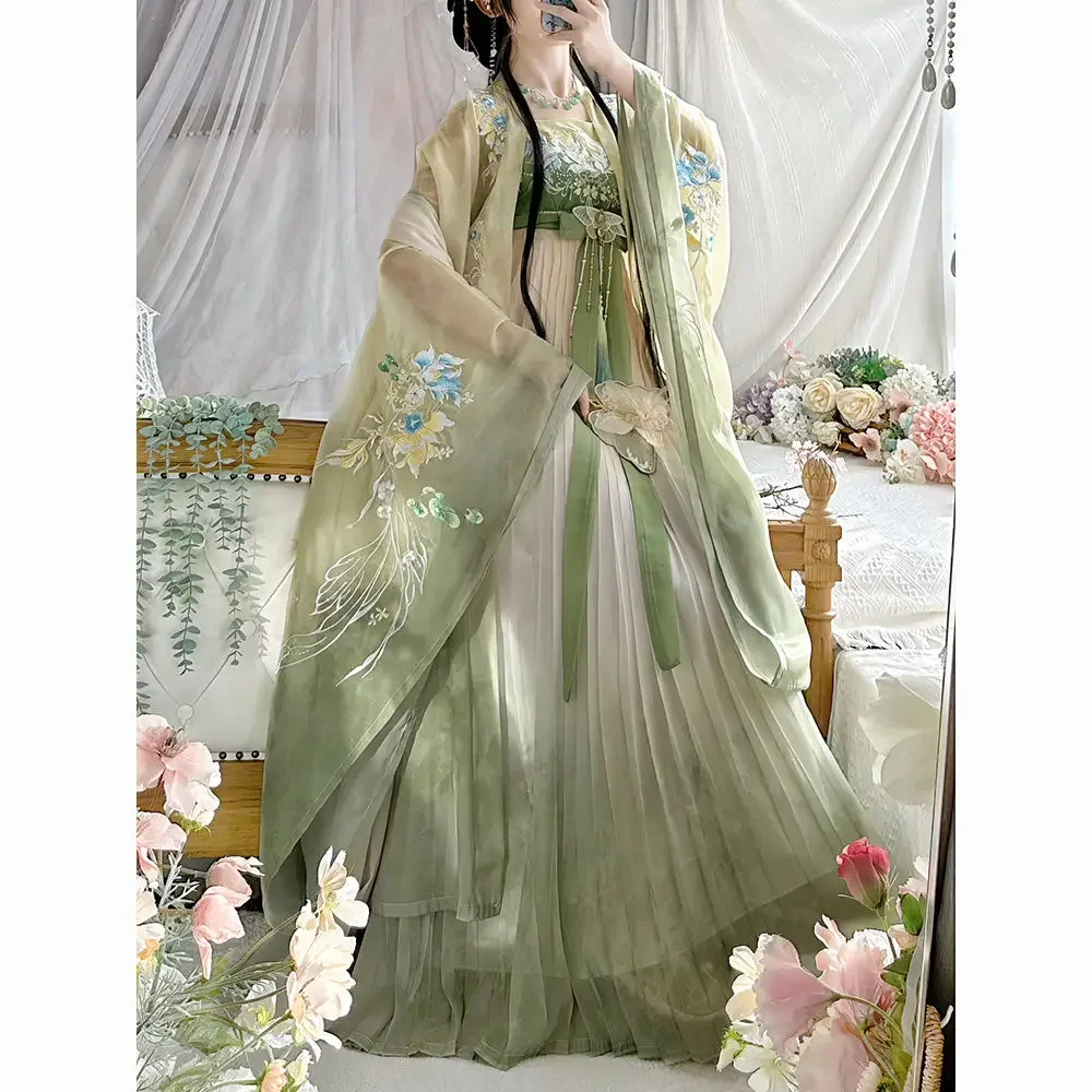 بدلة نسائية على الطراز الصيني التقليدي ، تطريز وردي ، قميص بأكمام كبيرة ، طيات الصيف ، أداء يومي ، جديد ،