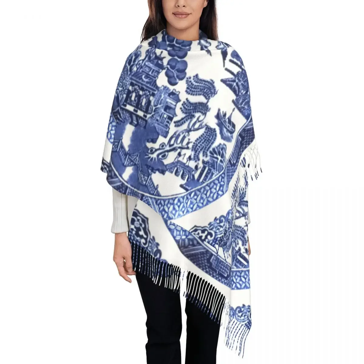 Blue Willow Tassel Scarf Women Soft Blue Delft Chinoiserie Shawls Wraps Lady Winter Scarves