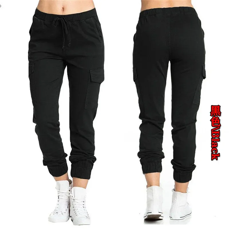 Pantalon cargo multi-poches pour femme, jogging uni, cordon de proximité, taille élastique, pantalon de sport, streetwear décontracté, pantalon