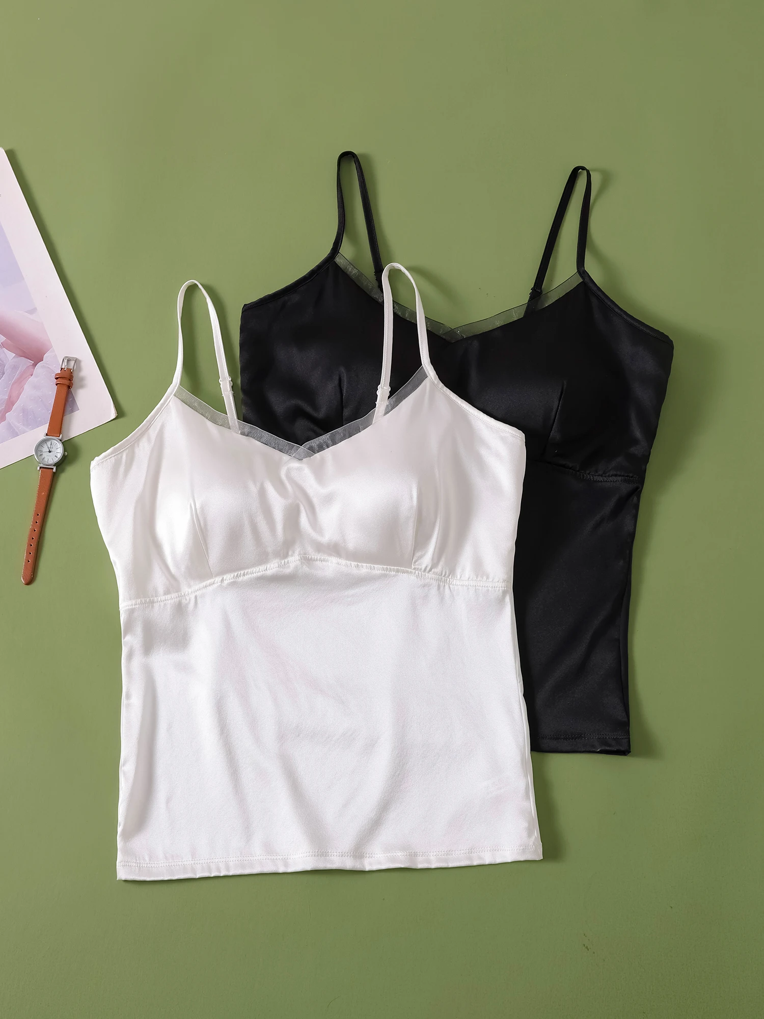 

Silk Satin Strap Vest Women's Inteated Bra Chest Pad Underwear Base Layer Inner And Outer Wear Silk Top